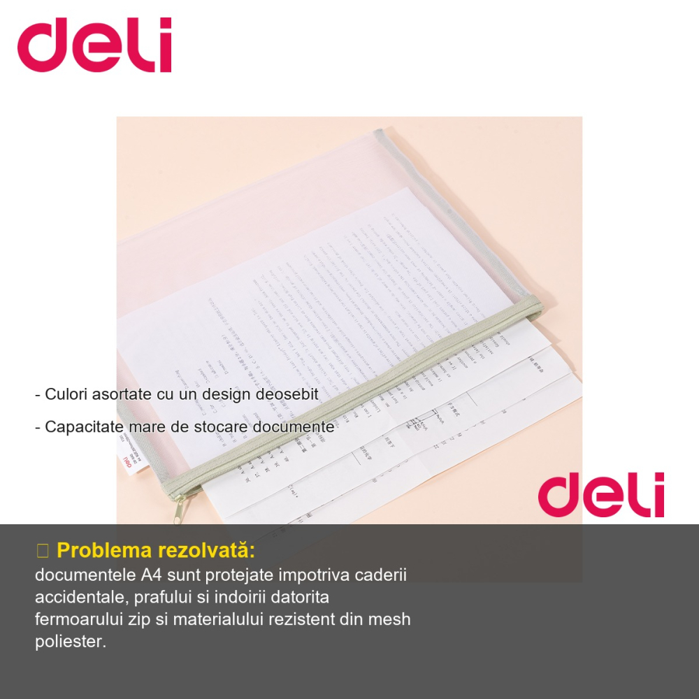 Mapa protectie documente A4 Deli, fermoar zip, material mesh poliester, pentru birou si scoala [2]