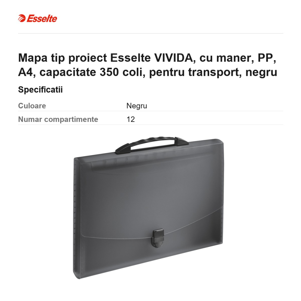 Mapa tip proiect Esselte VIVIDA, cu maner, PP, A4, capacitate 350 coli, pentru transport, negru [3]
