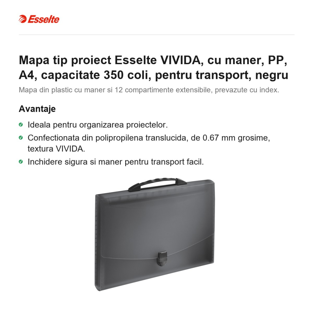 Mapa tip proiect Esselte VIVIDA, cu maner, PP, A4, capacitate 350 coli, pentru transport, negru [2]