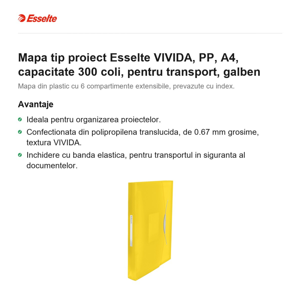 Mapa tip proiect Esselte VIVIDA, PP, A4, capacitate 300 coli, pentru transport, galben [2]