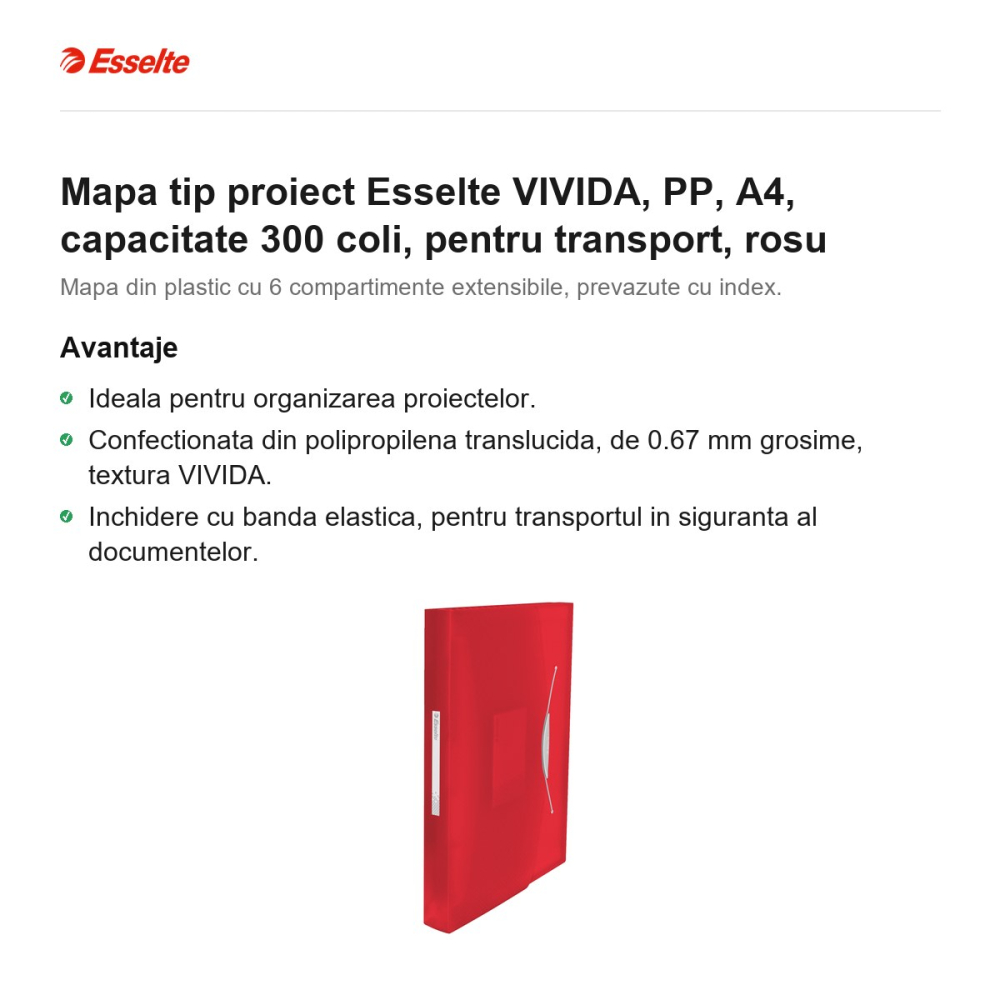 Mapa tip proiect Esselte VIVIDA, PP, A4, capacitate 300 coli, pentru transport, rosu [2]