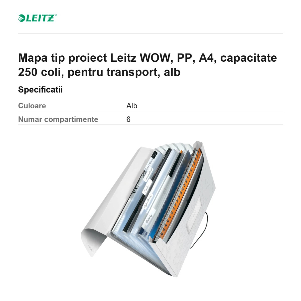 Mapa tip proiect Leitz WOW, PP, A4, capacitate 250 coli, pentru transport, alb [3]