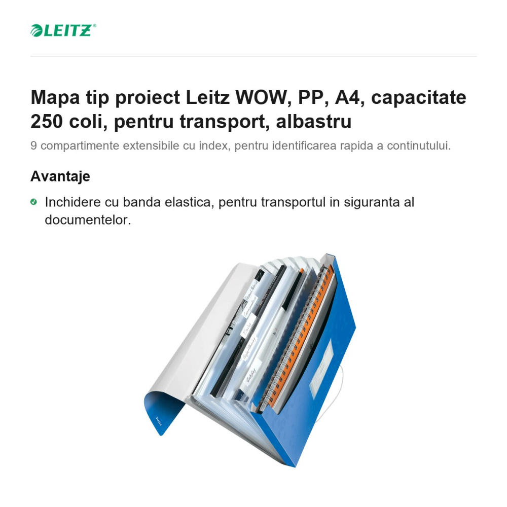 Mapa tip proiect Leitz WOW, PP, A4, capacitate 250 coli, pentru transport, albastru [2]