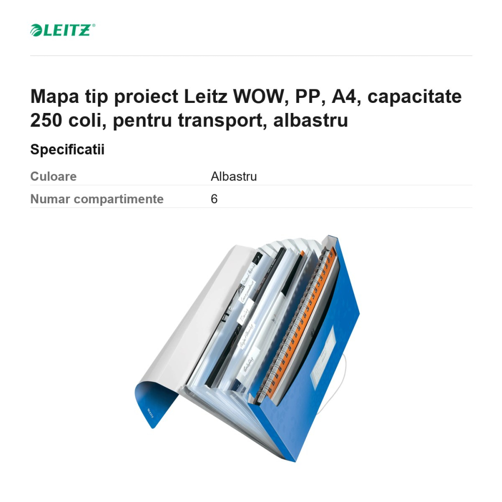 Mapa tip proiect Leitz WOW, PP, A4, capacitate 250 coli, pentru transport, albastru [3]