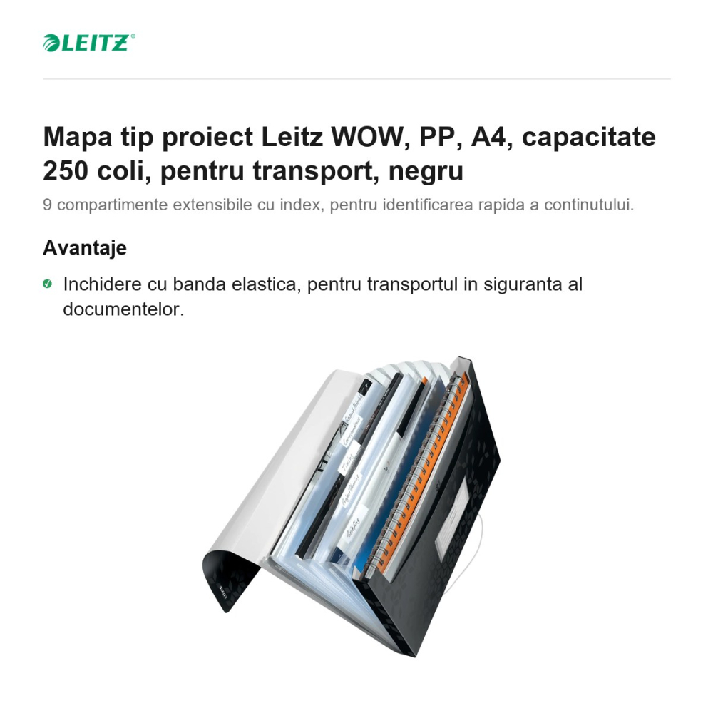 Mapa tip proiect Leitz WOW, PP, A4, capacitate 250 coli, pentru transport, negru [2]