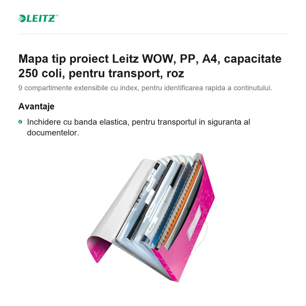Mapa tip proiect Leitz WOW, PP, A4, capacitate 250 coli, pentru transport, roz [2]