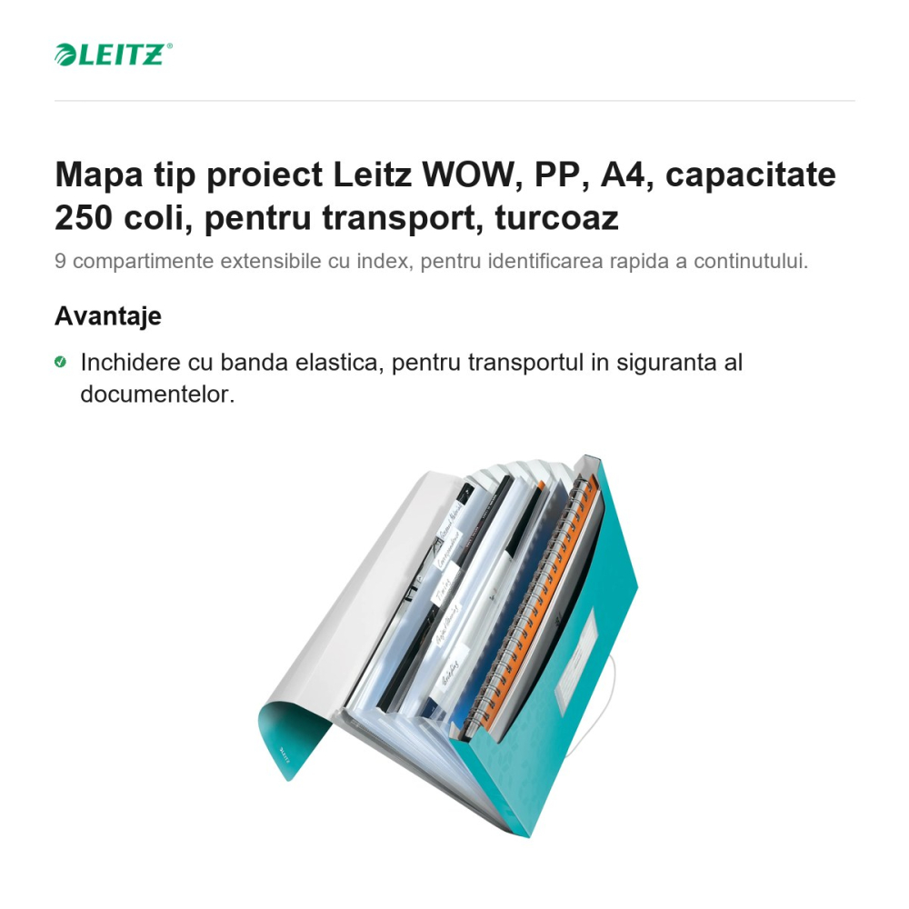 Mapa tip proiect Leitz WOW, PP, A4, capacitate 250 coli, pentru transport, turcoaz [2]
