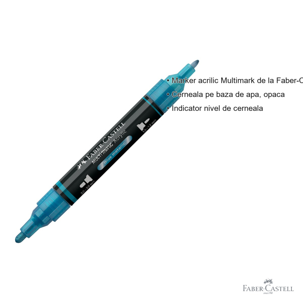 Marker acrilic Faber-Castell Multimark, culoare albastru metalizat 292, varf dublu, pentru suprafete multiple [3]