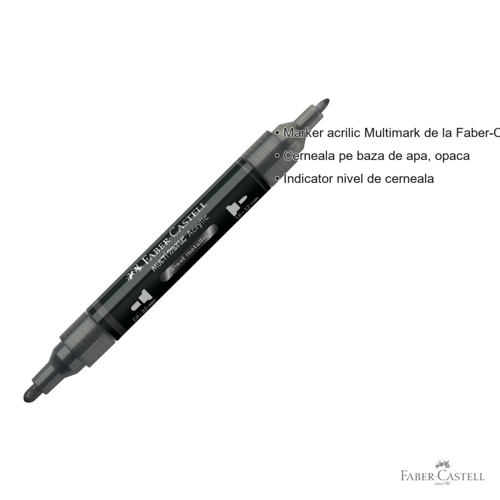 Marker acrilic Faber-Castell Multimark, culoare otel metalizat 297, varf dublu, pentru suprafete multiple [3]