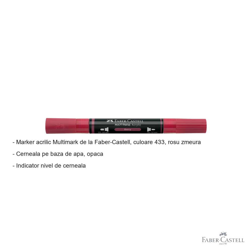 Marker acrilic Faber-Castell Multimark, culoare rosu zmeura 433, varf dublu, pentru multiple suprafete [2]