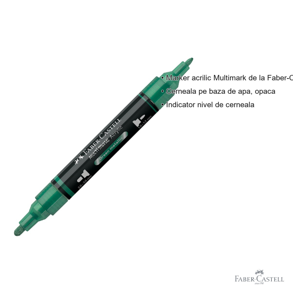Marker acrilic Faber-Castell Multimark, culoare verde metalizat 295, varf dublu, pentru suprafete multiple [3]