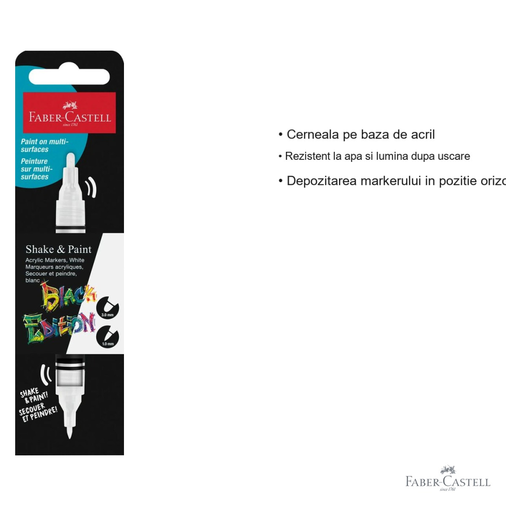 Marker acrilic Faber-Castell Shake&Paint alb, varf dublu 1mm/3mm, pentru suprafete inchise la culoare [3]