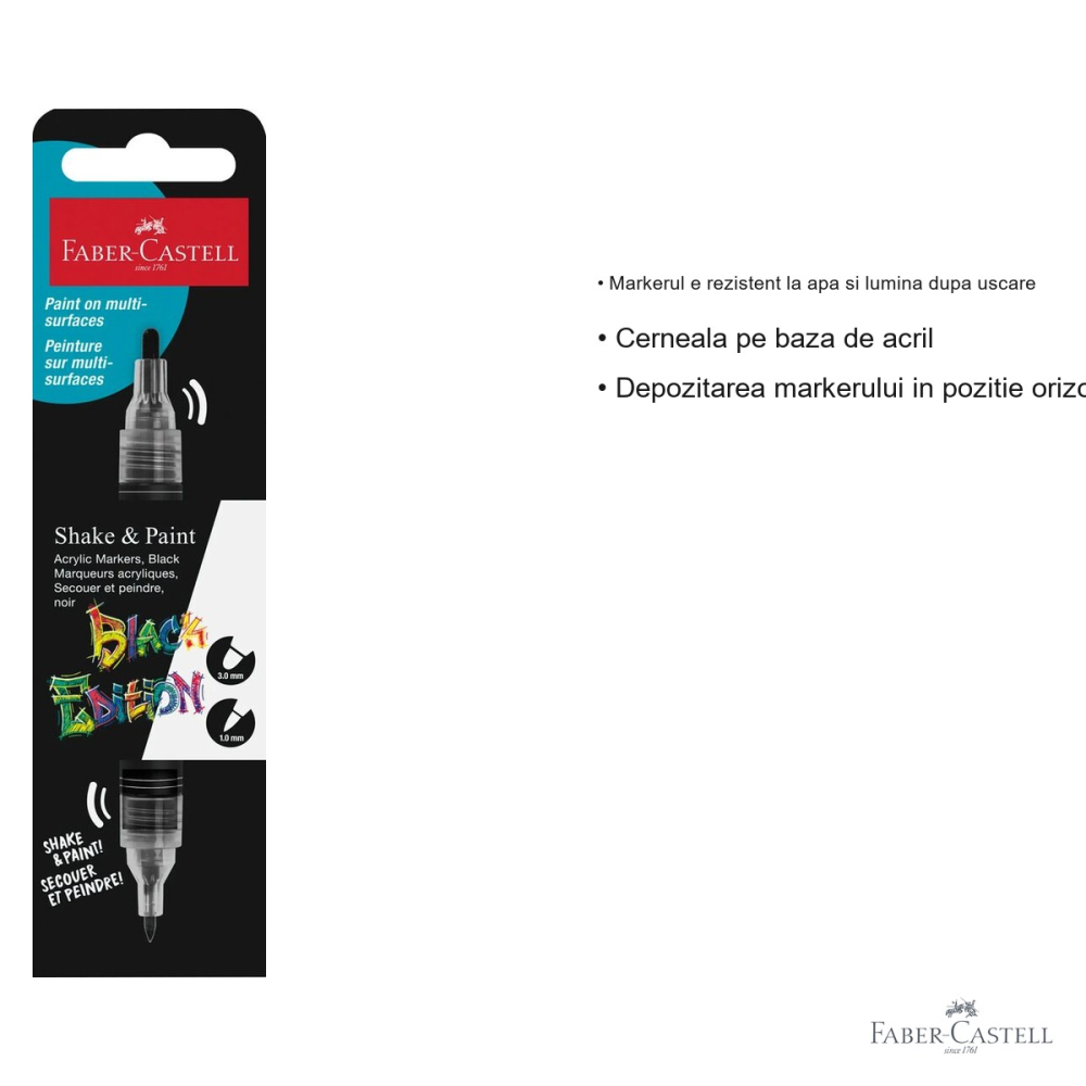 Marker acrilic Faber-Castell Shake&Paint negru, varf dublu 1mm/3mm, pentru suprafete multiple [3]