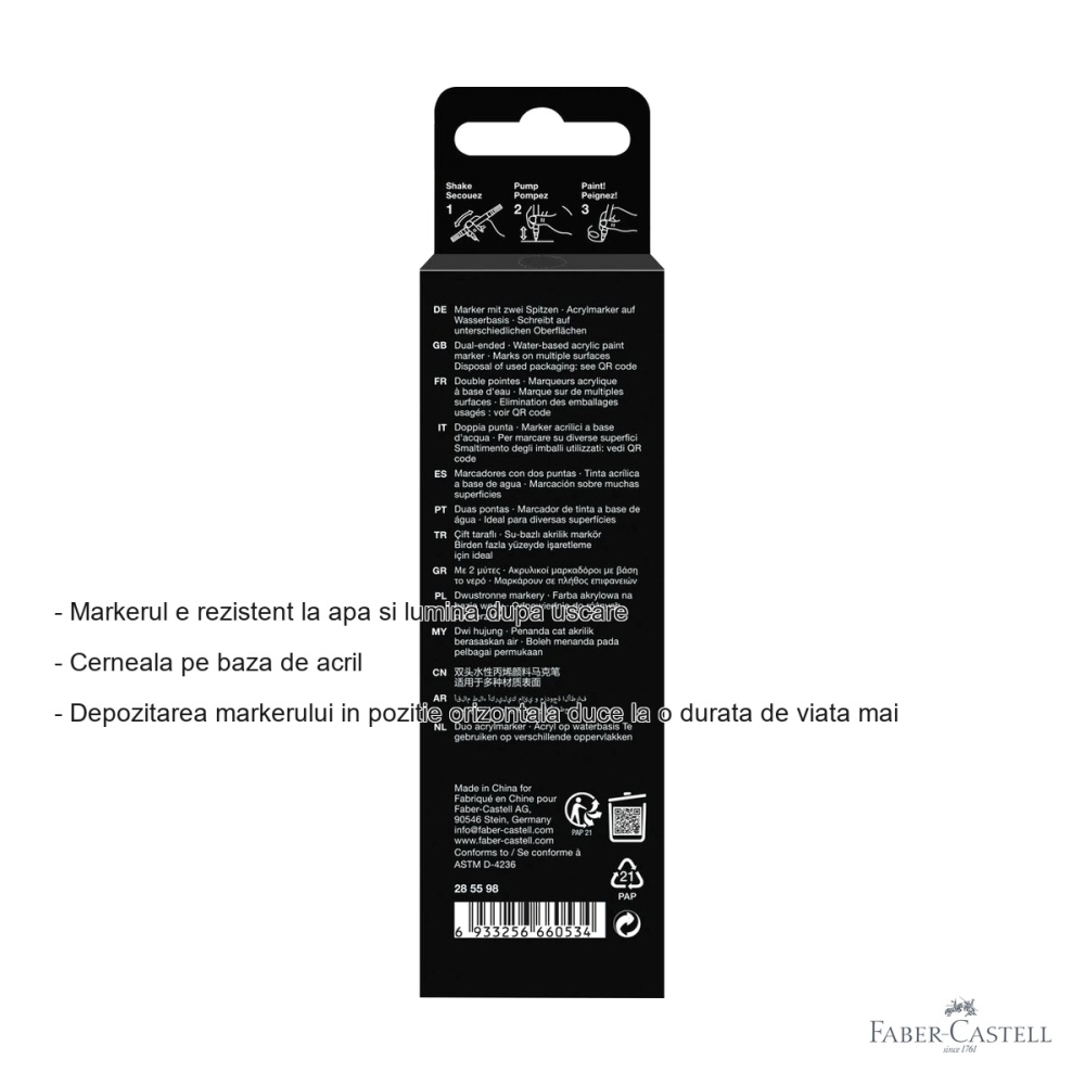 Marker acrilic Faber-Castell Shake&Paint negru, varf dublu 1mm/3mm, pentru suprafete multiple [2]
