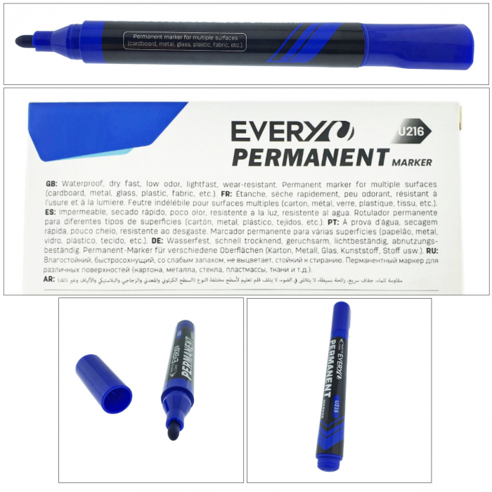 Marker albastru permanent cu varf rotund 2.5mm, rezistent la apa, scriere lina, model Everyday U216, lungime 145 mm, cu capac [4]