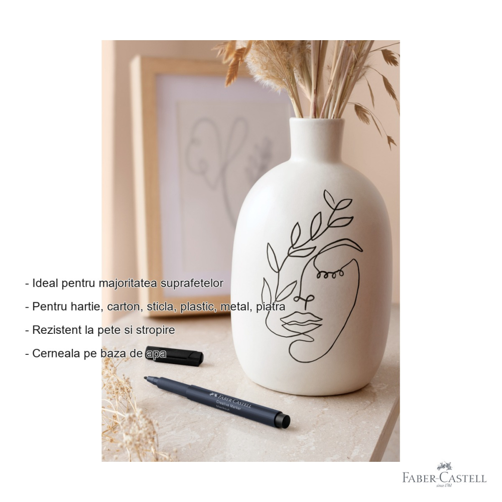 Marker creativ Faber-Castell negru, varf 1.5 mm, pentru hartie, carton, sticla, plastic si metal [2]
