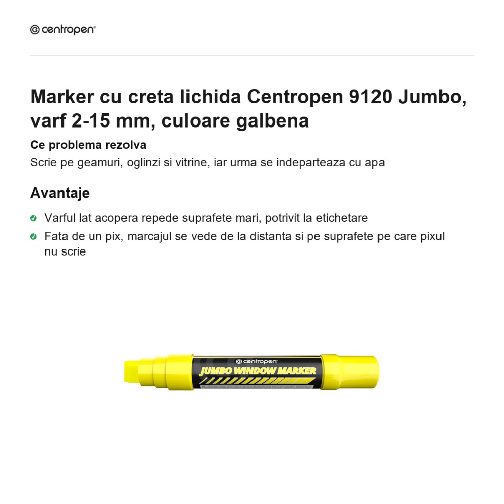 Marker cu creta lichida Centropen 9120 Jumbo, varf 2-15 mm, culoare galbena [2]