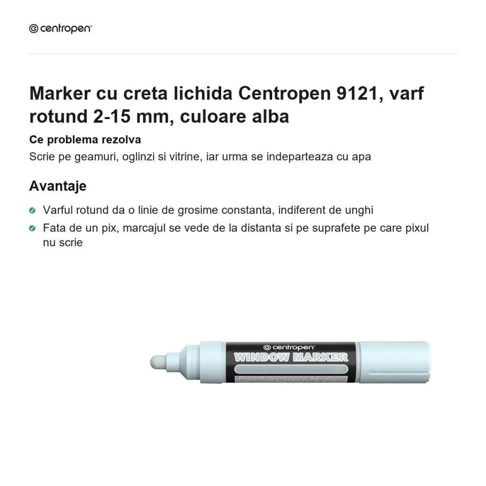 Marker cu creta lichida Centropen 9121, varf rotund 2-15 mm, culoare alba [2]