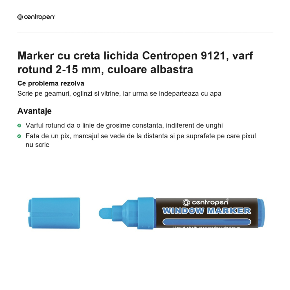 Marker cu creta lichida Centropen 9121, varf rotund 2-15 mm, culoare albastra [2]