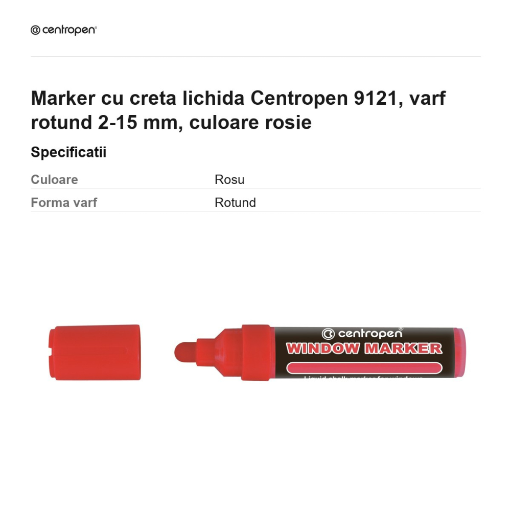 Marker cu creta lichida Centropen 9121, varf rotund 2-15 mm, culoare rosie [3]