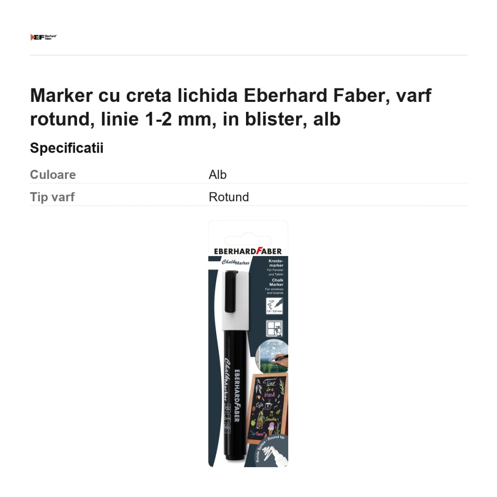 Marker cu creta lichida Eberhard Faber, varf rotund, linie 1-2 mm, in blister, alb [3]