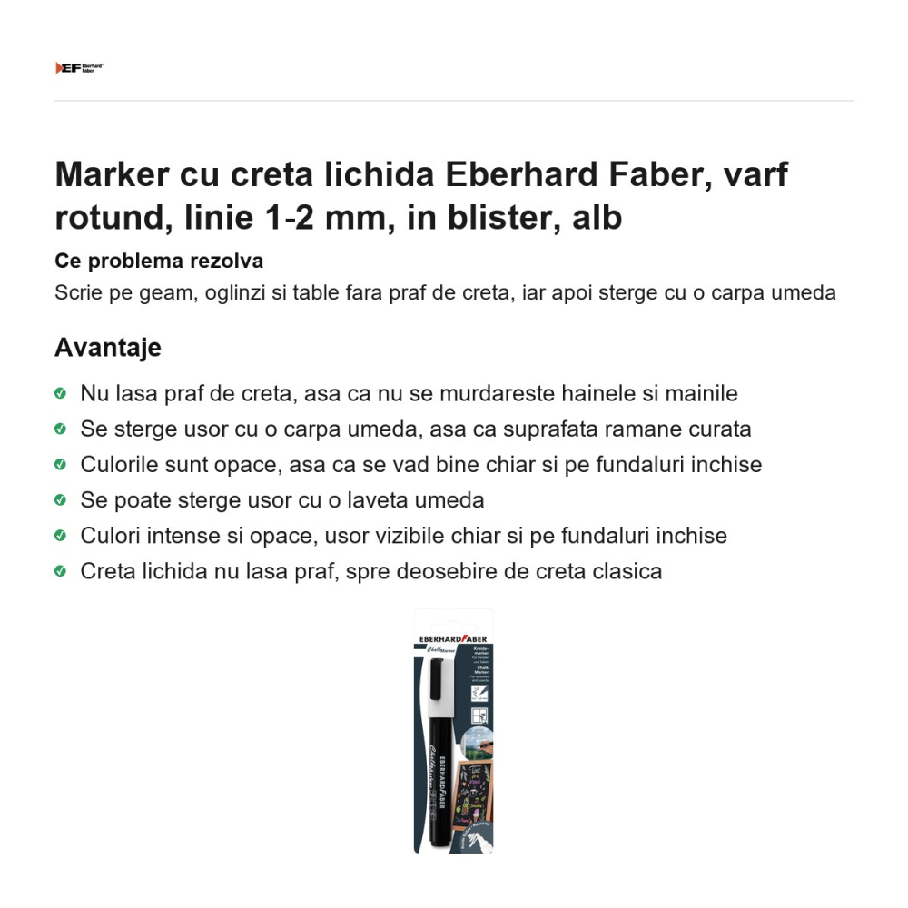 Marker cu creta lichida Eberhard Faber, varf rotund, linie 1-2 mm, in blister, alb [2]