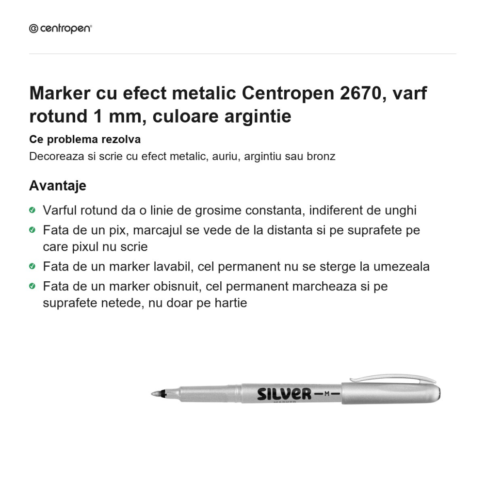 Marker cu efect metalic Centropen 2670, varf rotund 1 mm, culoare argintie [2]