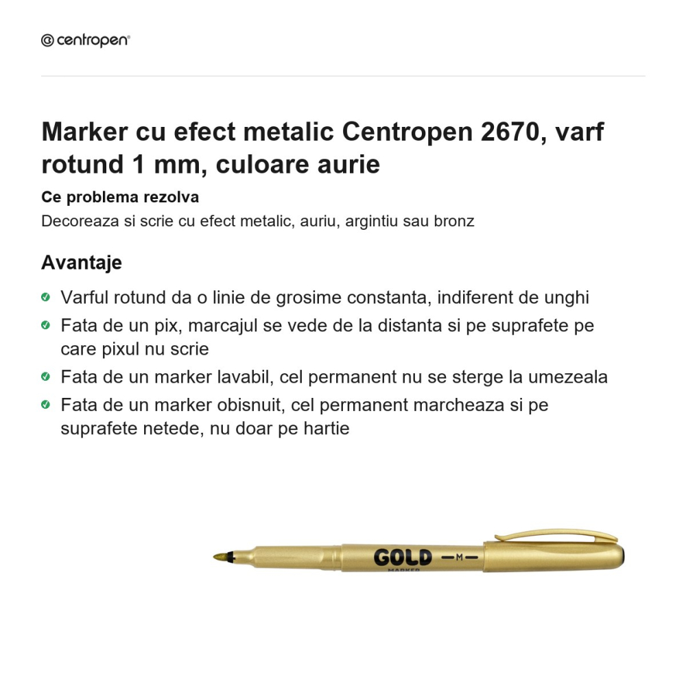 Marker cu efect metalic Centropen 2670, varf rotund 1 mm, culoare aurie [2]