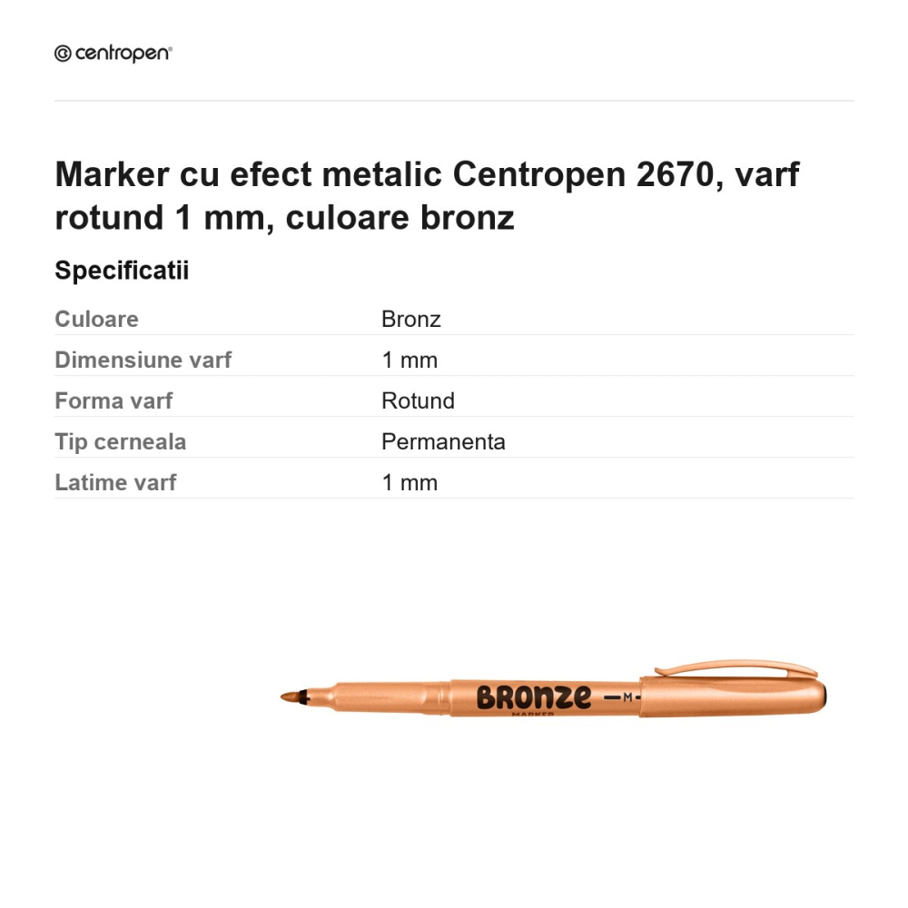 Marker cu efect metalic Centropen 2670, varf rotund 1 mm, culoare bronz [3]
