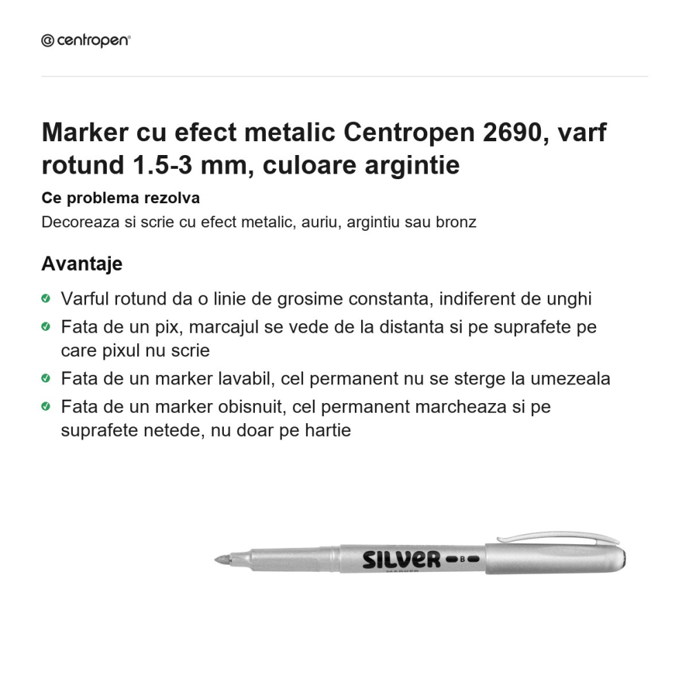 Marker cu efect metalic Centropen 2690, varf rotund 1.5-3 mm, culoare argintie [2]