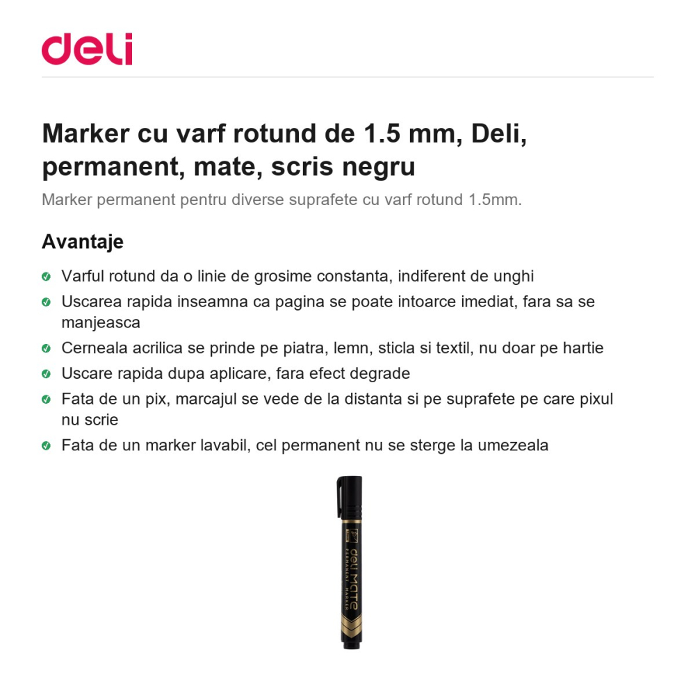 Marker cu varf rotund de 1.5 mm, Deli, permanent, mate, scris negru [2]