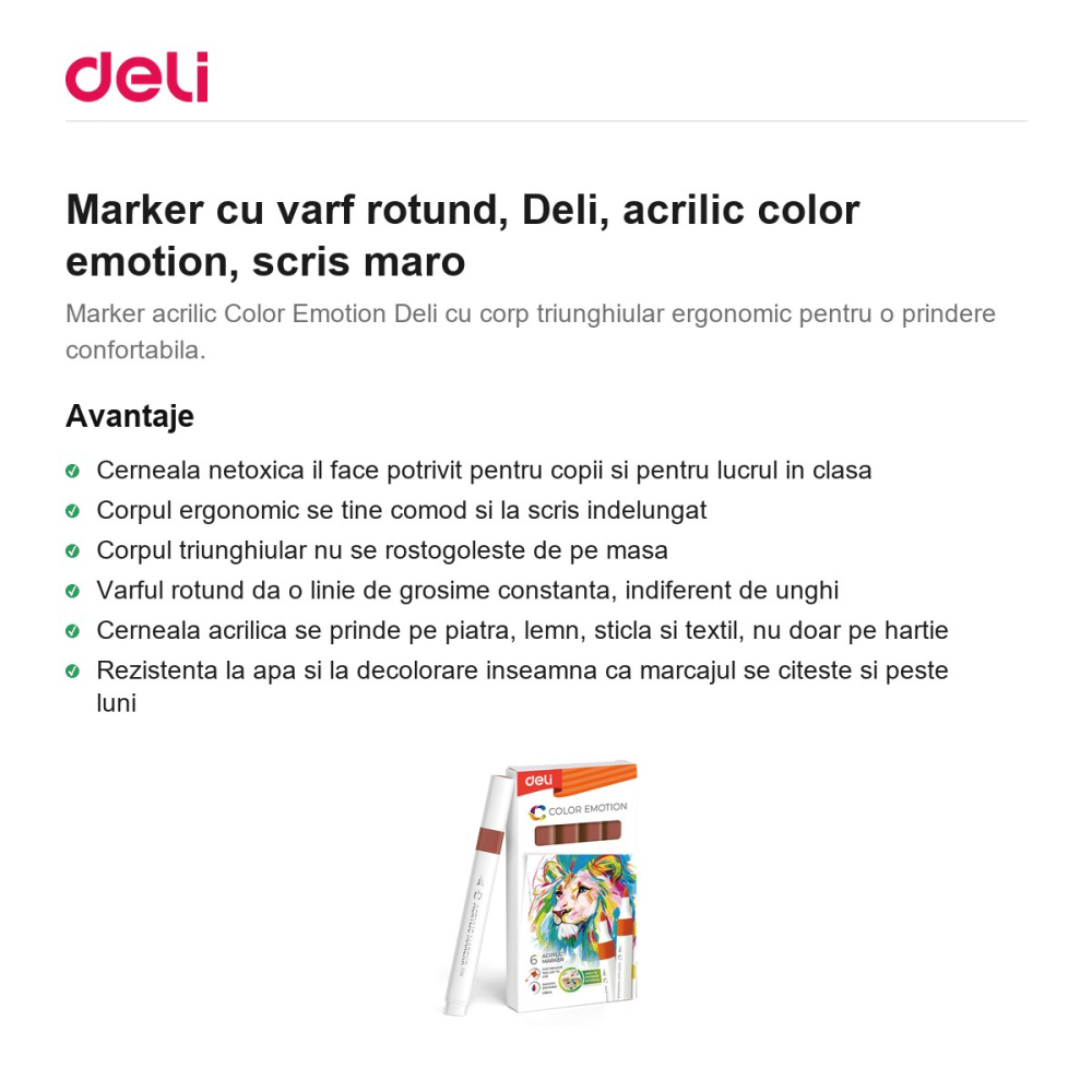 Marker cu varf rotund, Deli, acrilic color emotion, scris maro [2]