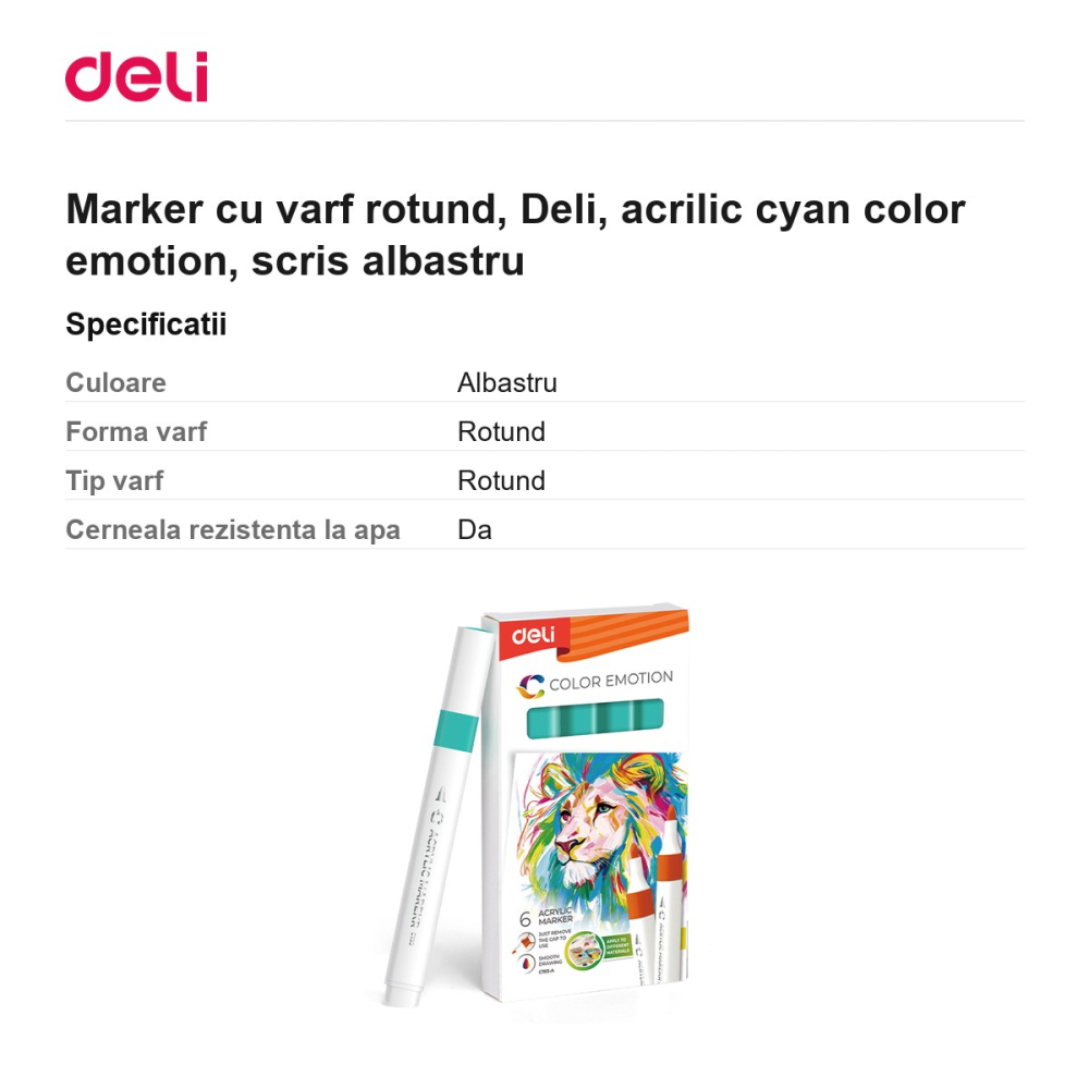 Marker cu varf rotund, Deli, acrilic cyan color emotion, scris albastru [3]