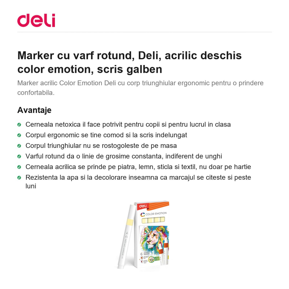 Marker cu varf rotund, Deli, acrilic deschis color emotion, scris galben [2]