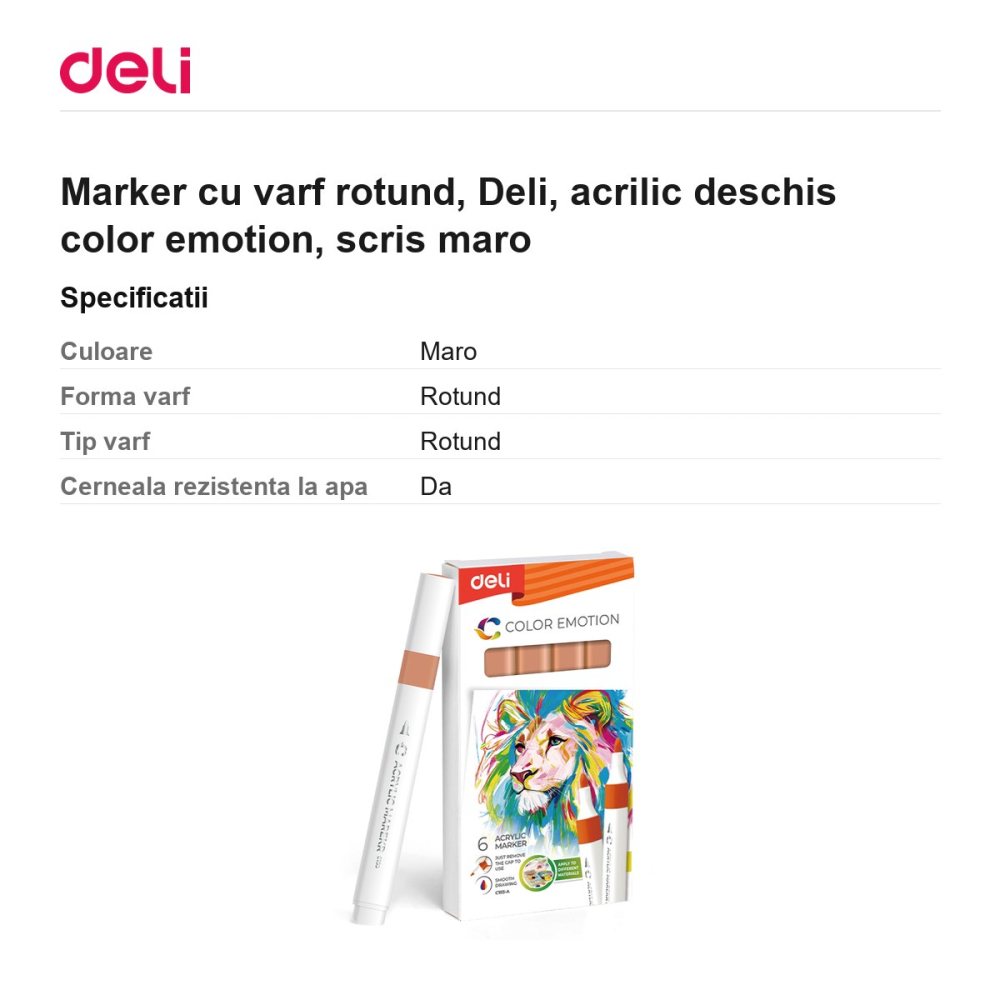 Marker cu varf rotund, Deli, acrilic deschis color emotion, scris maro [3]
