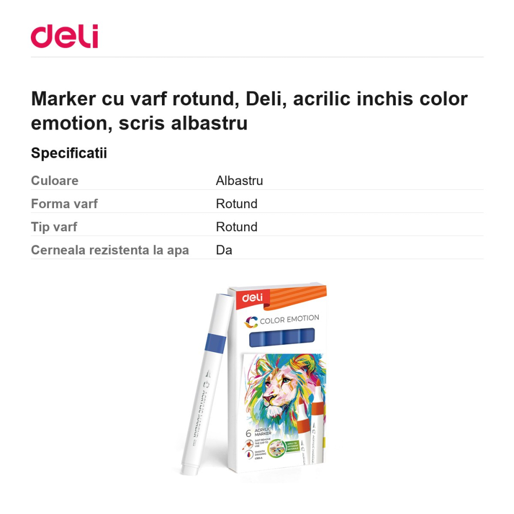 Marker cu varf rotund, Deli, acrilic inchis color emotion, scris albastru [3]