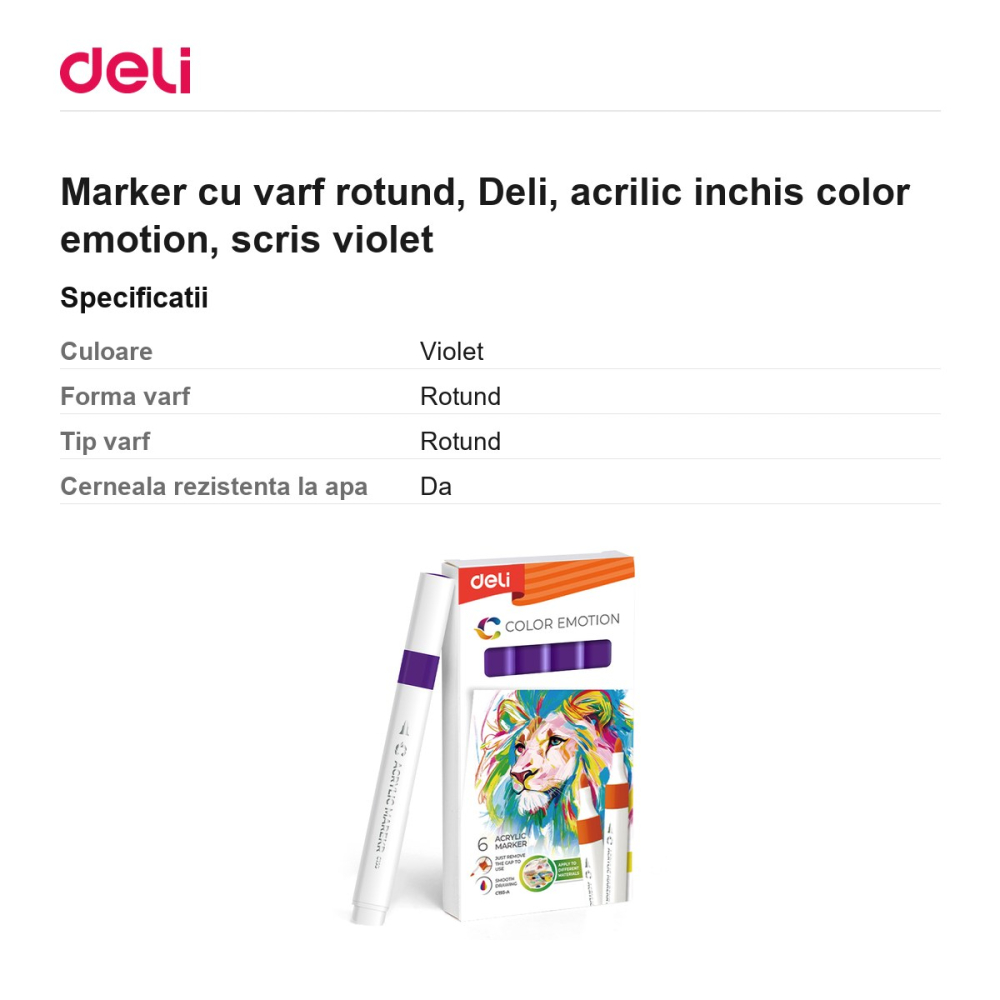 Marker cu varf rotund, Deli, acrilic inchis color emotion, scris violet [3]