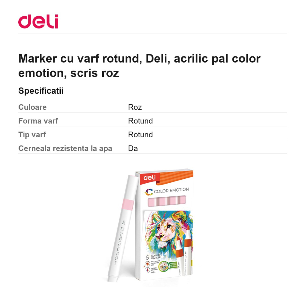 Marker cu varf rotund, Deli, acrilic pal color emotion, scris roz [3]