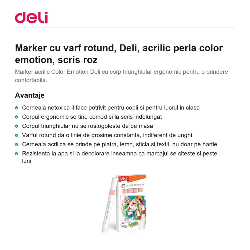 Marker cu varf rotund, Deli, acrilic perla color emotion, scris roz [2]