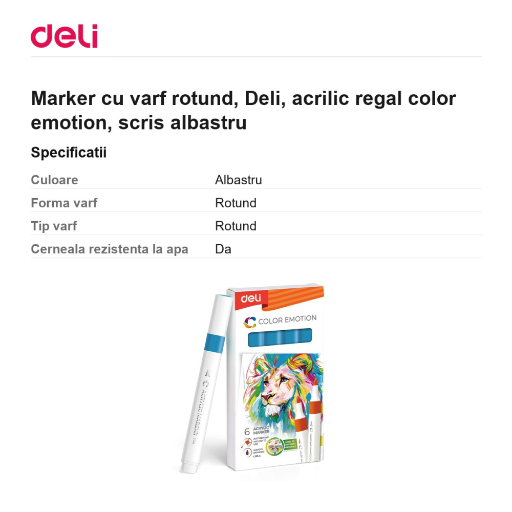 Marker cu varf rotund, Deli, acrilic regal color emotion, scris albastru [3]