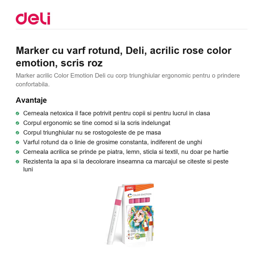 Marker cu varf rotund, Deli, acrilic rose color emotion, scris roz [2]