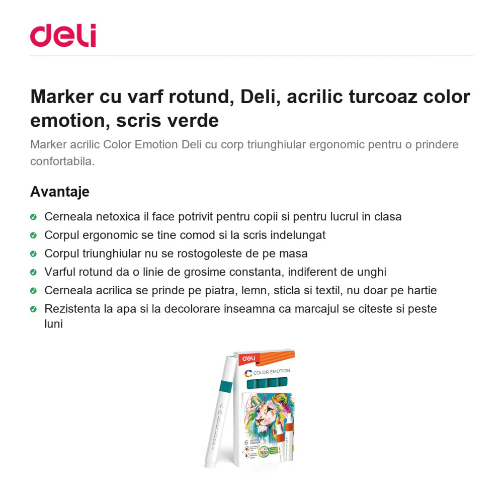 Marker cu varf rotund, Deli, acrilic turcoaz color emotion, scris verde [2]