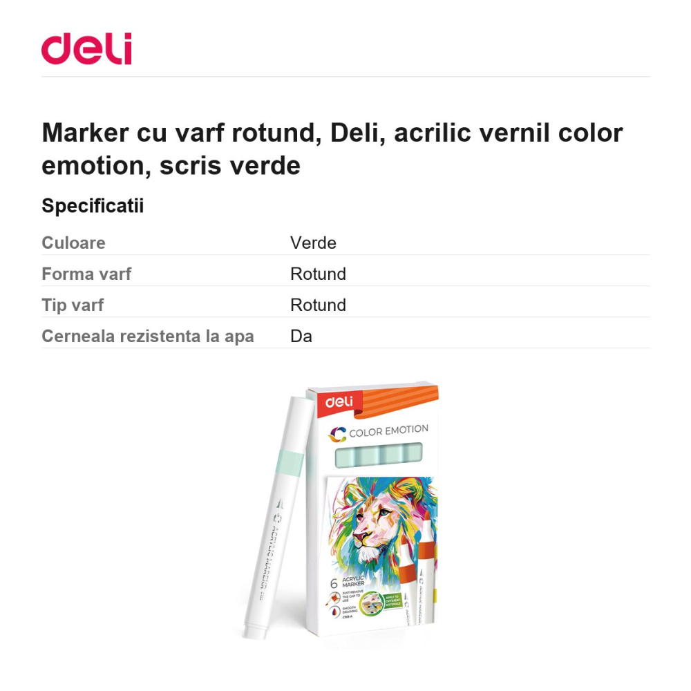 Marker cu varf rotund, Deli, acrilic vernil color emotion, scris verde [3]