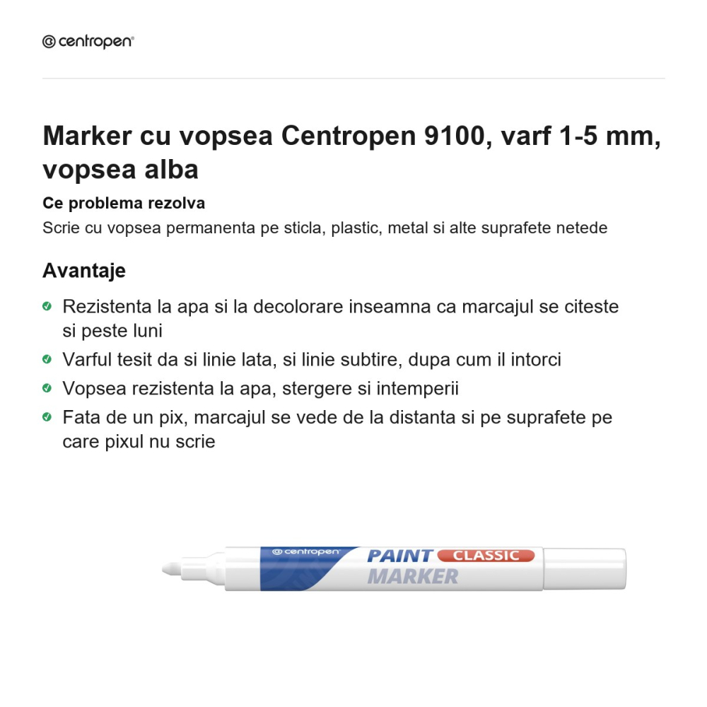 Marker cu vopsea Centropen 9100, varf 1-5 mm, vopsea alba [2]
