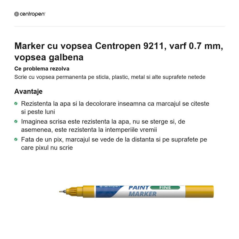 Marker cu vopsea Centropen 9211, varf 0.7 mm, vopsea galbena [2]