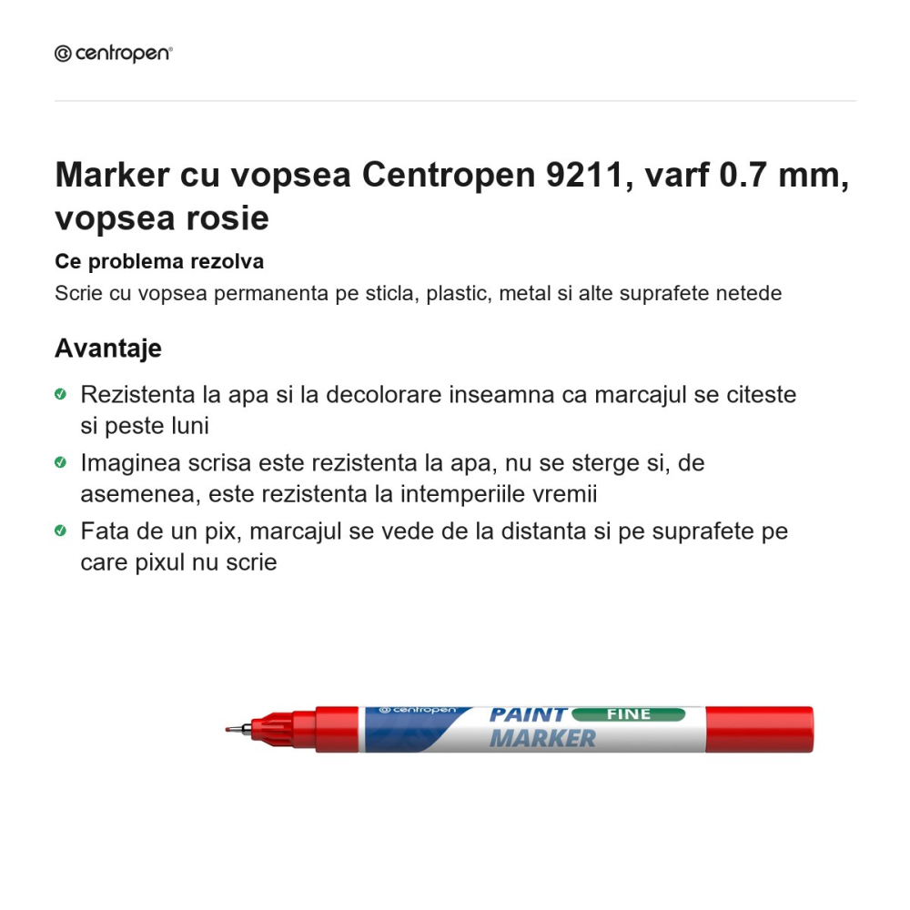 Marker cu vopsea Centropen 9211, varf 0.7 mm, vopsea rosie [2]