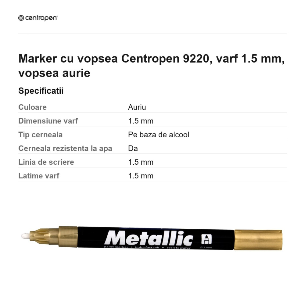Marker cu vopsea Centropen 9220, varf 1.5 mm, vopsea aurie [3]