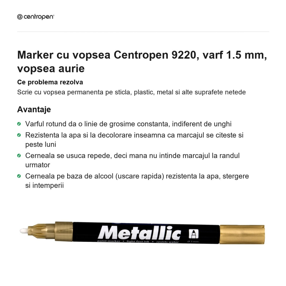 Marker cu vopsea Centropen 9220, varf 1.5 mm, vopsea aurie [2]