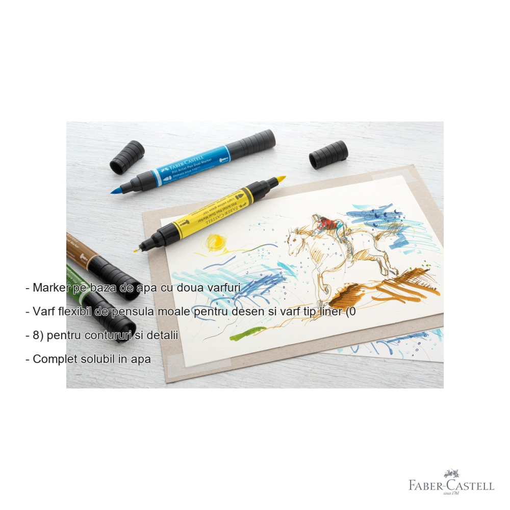 Marker dual Faber-Castell Pitt Artist Pen negru, varf pensula si liner 0.8, pentru desen si ilustratie [2]