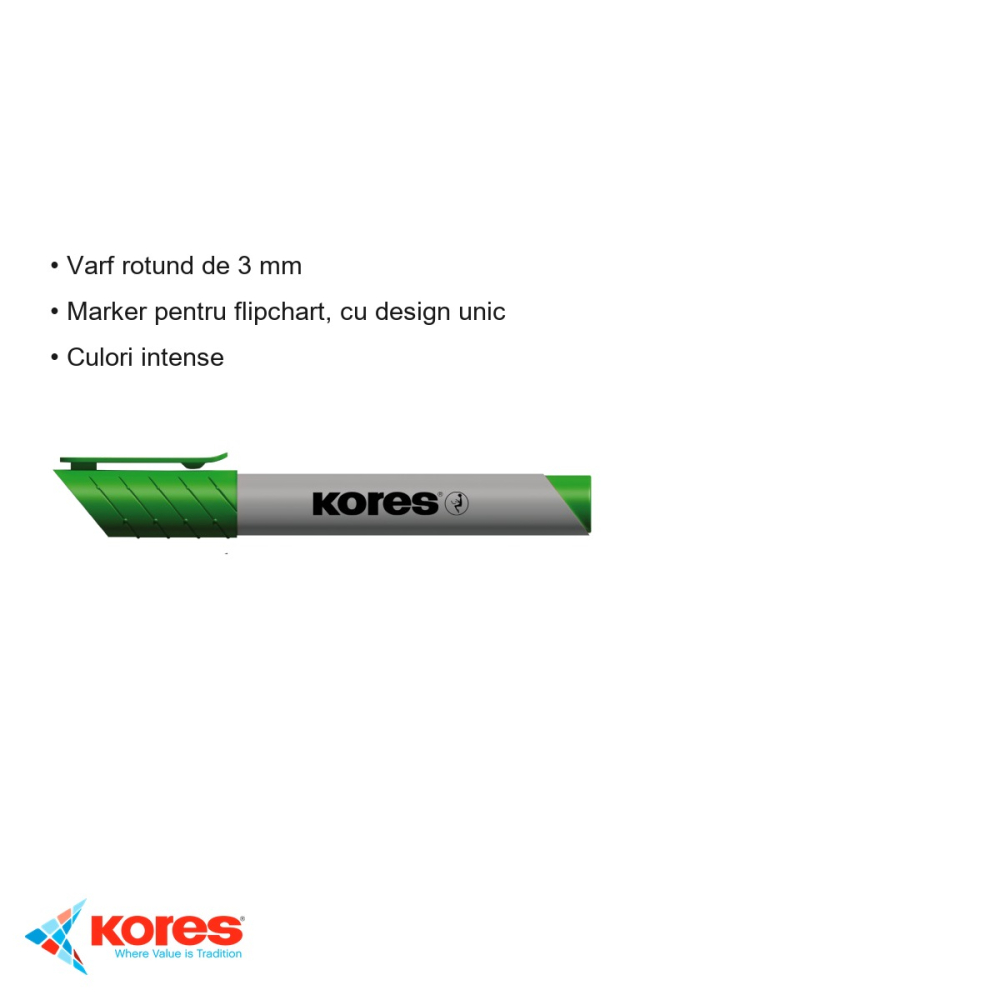 Marker flipchart Kores, varf rotund 3 mm, cerneala verde pe baza de apa, pentru prezentari si training [3]